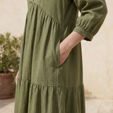 Olive Green Cotton Flax Deep-V Maxi Tier Dress