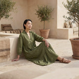 Olive Green Cotton Flax Deep-V Maxi Tier Dress