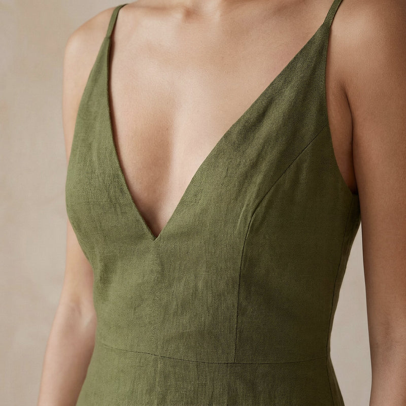 olive green cami dress Olive Green Cotton Flax Deep V-Neck Cami Maxi Dress 62" / Tall (5'7" and above)