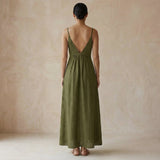 Olive Green Cotton Flax Deep V-Neck Cami Maxi Dress