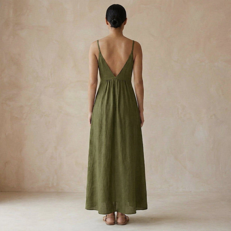 olive green linen dress Buy Olive Green Cotton Flax Deep V-Neck Cami Maxi Dress Online at  SeamsFriendly