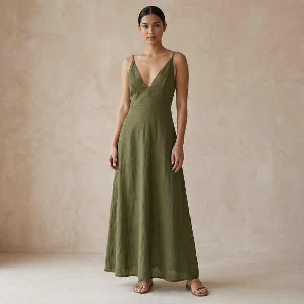 Buy Olive Green Cotton Flax Deep V-Neck Cami Maxi Dress Online at