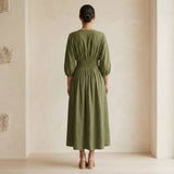 Olive Green Cotton Flax Deep-V Neck Empire Waist Maxi Dress