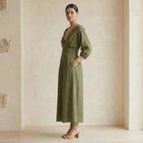 Olive Green Cotton Flax Deep-V Neck Empire Waist Maxi Dress