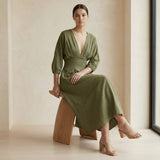 Olive Green Cotton Flax Deep-V Neck Empire Waist Maxi Dress