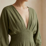 Olive Green Cotton Flax Deep-V Neck Empire Waist Maxi Dress