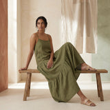 Olive Green Cotton Flax Drop-Waist Camisole Maxi Tier Dress