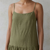 Olive Green Cotton Flax Drop-Waist Camisole Maxi Tier Dress