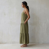 Olive Green Cotton Flax Drop-Waist Camisole Maxi Tier Dress