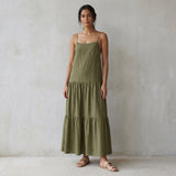 Olive Green Cotton Flax Drop-Waist Camisole Maxi Tier Dress