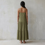 Olive Green Cotton Flax Drop-Waist Camisole Maxi Tier Dress