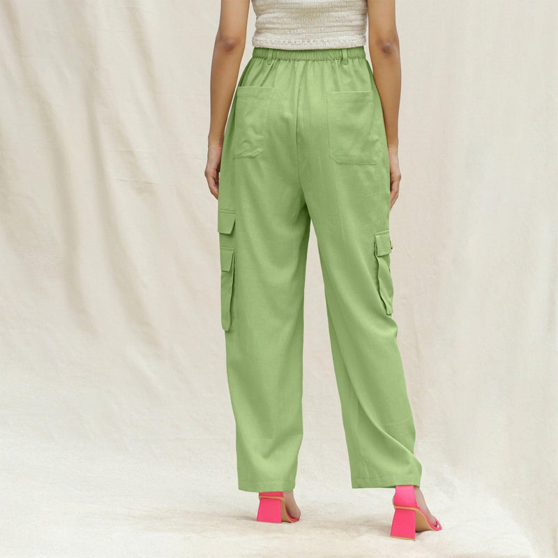 Olive Green Cotton Flax Elasticated High-Rise Cargo Pant