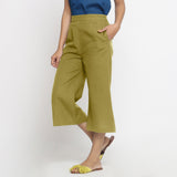 Left View of a Model wearing Comfort Fit Olive Green Cotton Flax Culottes