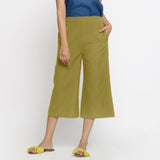 Front View of a Model wearing Comfort Fit Olive Green Cotton Flax Culottes