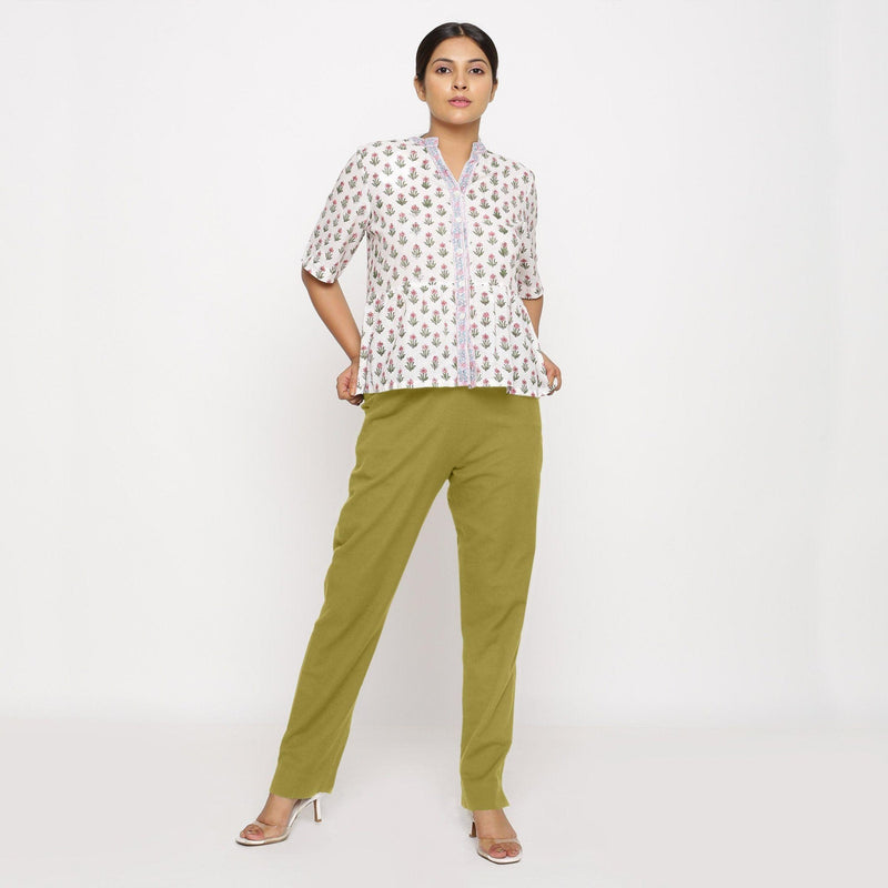 Front View Of a Model wearing Cotton Flax Mid-Rise Olive Green Tapered Pant