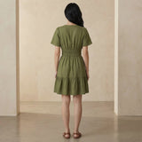 Olive Green Cotton Flax Elasticated Short Tier Dress