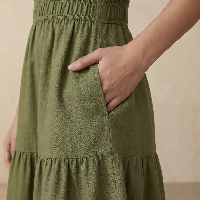 Olive Green Cotton Flax Elasticated Short Tier Dress 52" / Custom Height (Free) Olive Green Cotton Flax Elasticated Short Tier Dress 52" / Custom Height (Free)