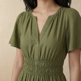 Olive Green Cotton Flax Elasticated Short Tier Dress