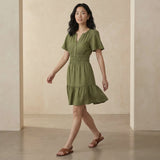 Olive Green Cotton Flax Elasticated Short Tier Dress