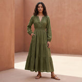 Olive Green Cotton Flax Fit and Flare Maxi Tier Dress