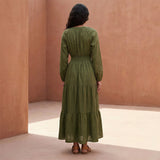 Olive Green Cotton Flax Fit and Flare Maxi Tier Dress