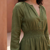 Olive Green Cotton Flax Fit and Flare Maxi Tier Dress