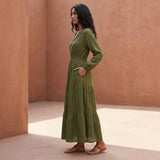 Olive Green Cotton Flax Fit and Flare Maxi Tier Dress