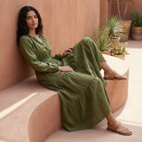 Olive Green Cotton Flax Fit and Flare Maxi Tier Dress