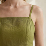 Olive Green Cotton Flax Fit and Flare Short Dress