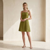 Olive Green Cotton Flax Fit and Flare Short Dress