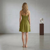 Olive Green Cotton Flax Fit and Flare Short Dress