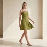 Olive Green Cotton Flax Fit and Flare Short Dress