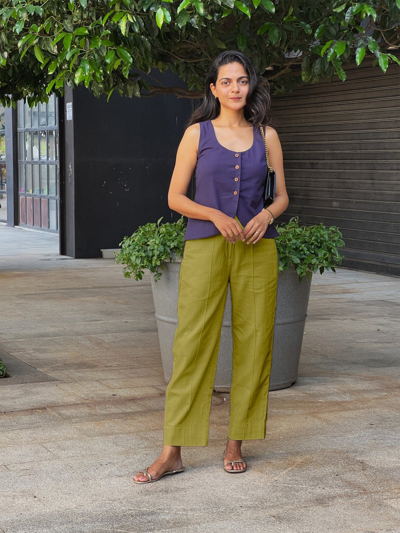 Olive Green Cotton Flax High-Rise Straight Leg Pant