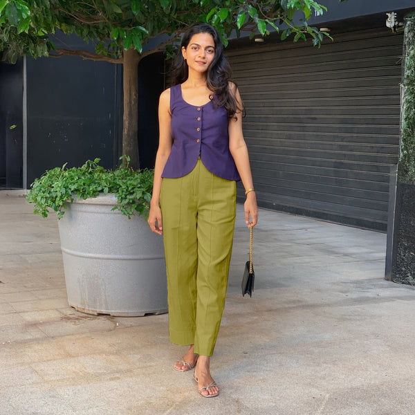 Olive Green Cotton Flax High-Rise Straight Leg Pant