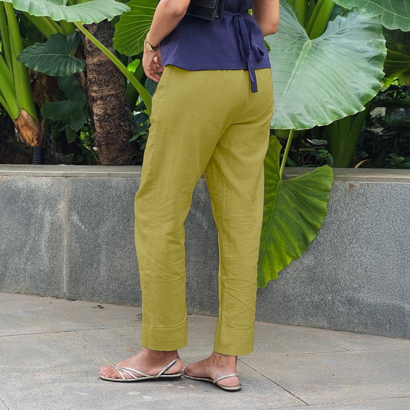 Olive Green Cotton Flax High-Rise Straight Leg Pant