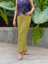 Olive Green Cotton Flax High-Rise Straight Leg Pant