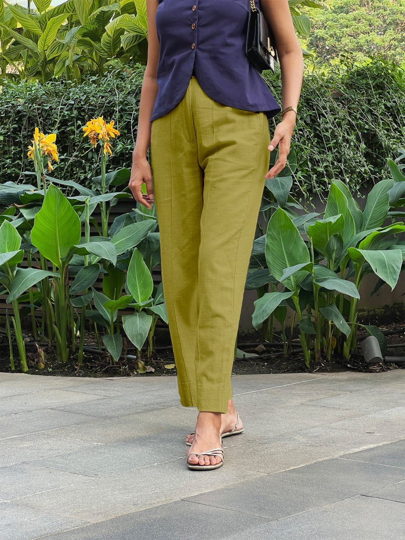 Olive Green Cotton Flax High-Rise Straight Leg Pant
