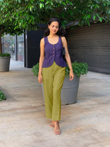 Olive Green Cotton Flax High-Rise Straight Leg Pant