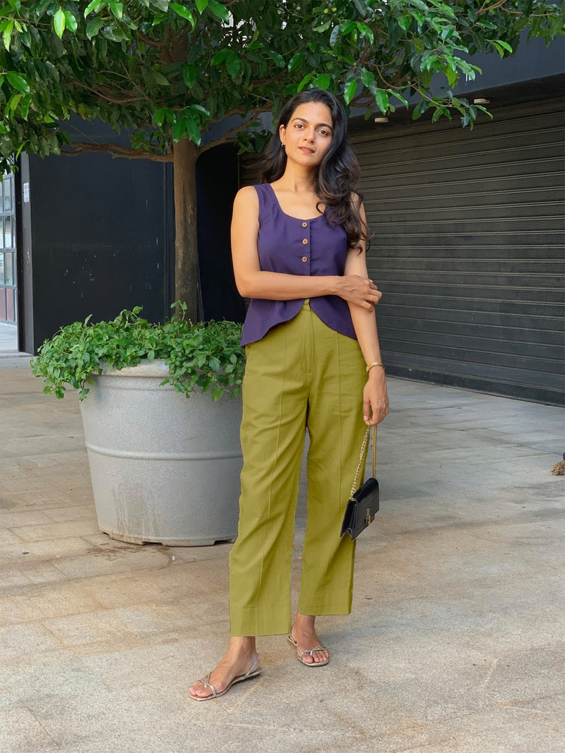 Olive Green Cotton Flax High-Rise Straight Leg Pant