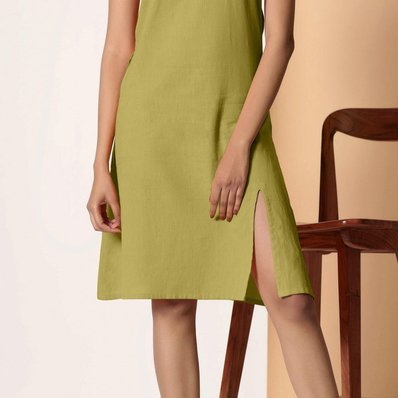 Front Detail of a Model wearing Olive Green Cotton Flax Strappy Slit Dress