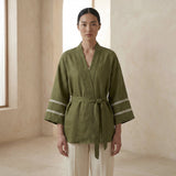 Olive Green Cotton Flax Kyoto Kimono Sleeve Wrap Top