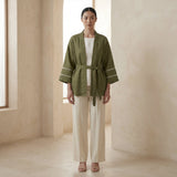 Olive Green Cotton Flax Kyoto Kimono Sleeve Wrap Top