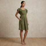 Olive Green Cotton Flax Open-Back Fit and Flare Knee Length Dress