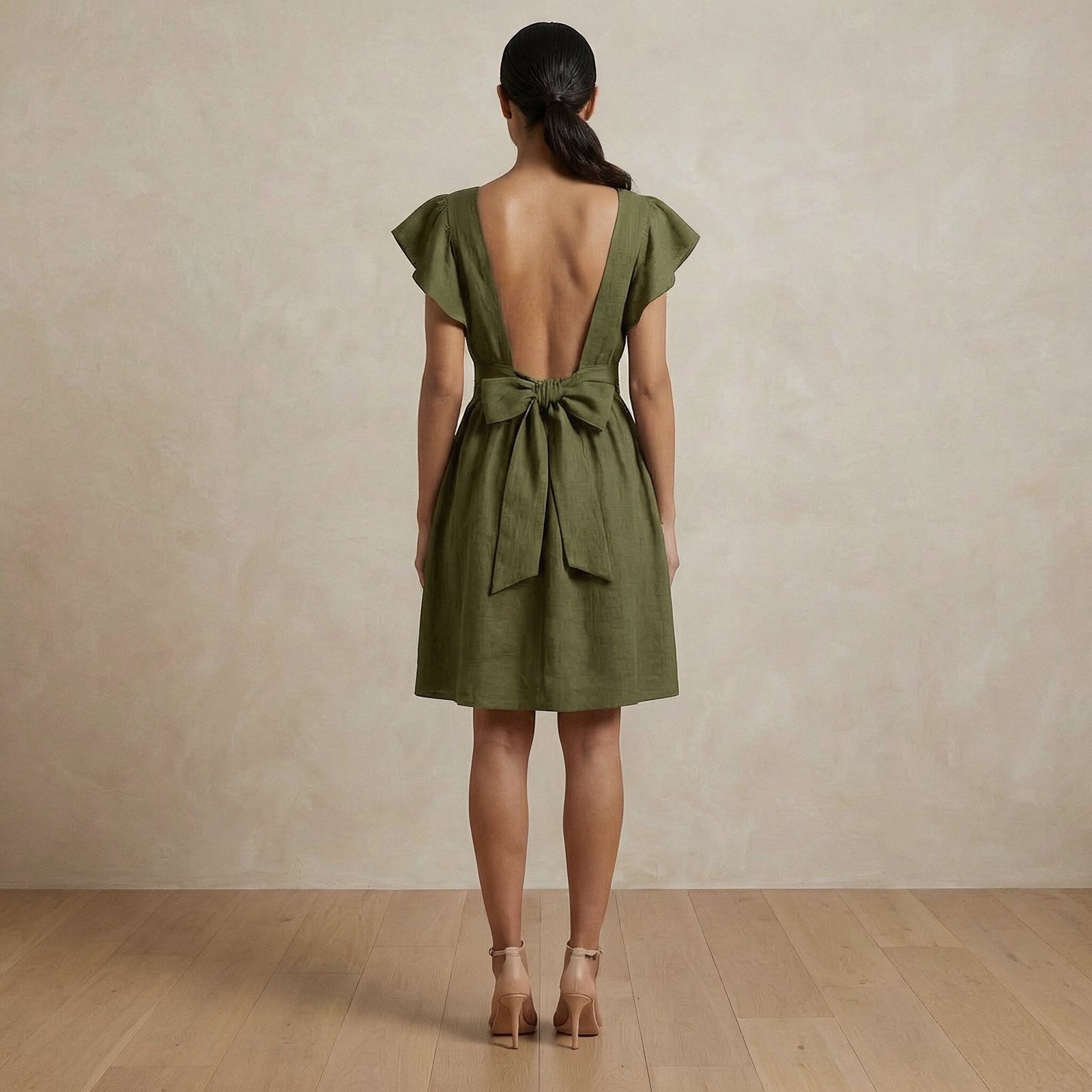 Olive Green Cotton Flax Open-Back Fit and Flare Knee Length Dress