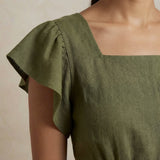 Olive Green Cotton Flax Open-Back Fit and Flare Knee Length Dress