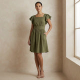 Olive Green Cotton Flax Open-Back Fit and Flare Knee Length Dress