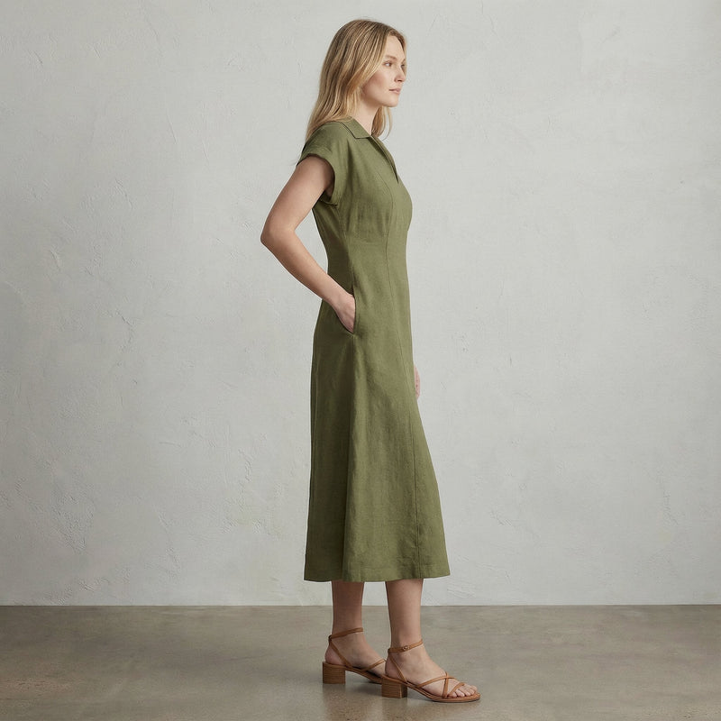 Olive Green Cotton Flax Paneled A-Line Midi Dress 68" / Custom Height (Free) Olive Green Cotton Flax Paneled A-Line Midi Dress 68" / Custom Height (Free)