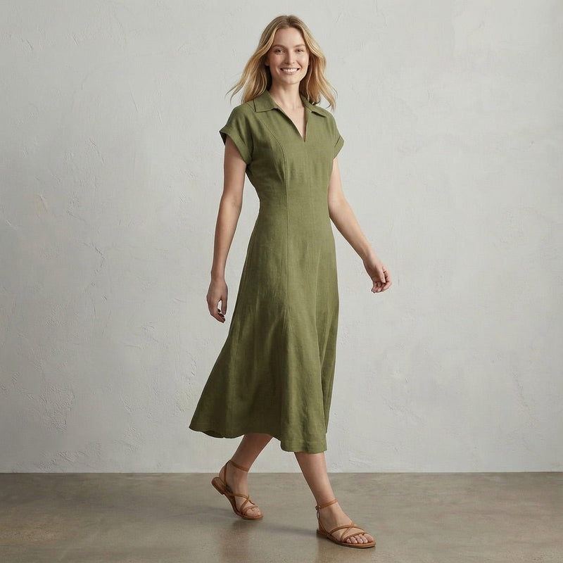 Olive Green Cotton Flax Paneled A-Line Midi Dress 68