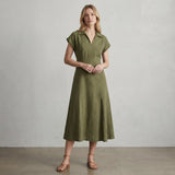 Olive Green Cotton Flax Paneled A-Line Midi Dress