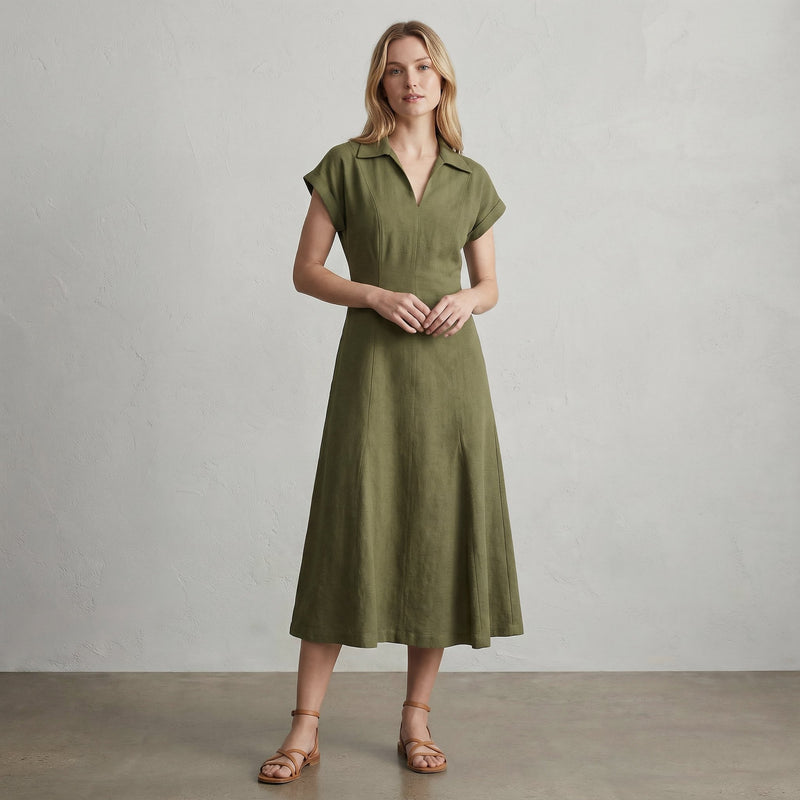 Olive Green Cotton Flax Paneled A-Line Midi Dress 68" / Custom Height (Free) Olive Green Cotton Flax Paneled A-Line Midi Dress 68" / Custom Height (Free)